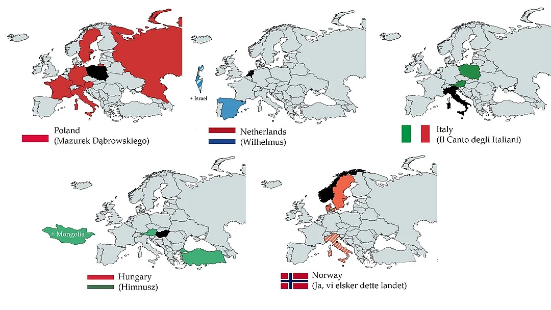 Kraje wymienione w hymnach Norwegii, Polski, Holandii, Węgier, Włoch