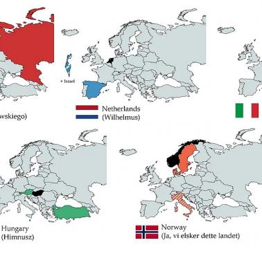 Kraje wymienione w hymnach Norwegii, Polski, Holandii, Węgier, Włoch