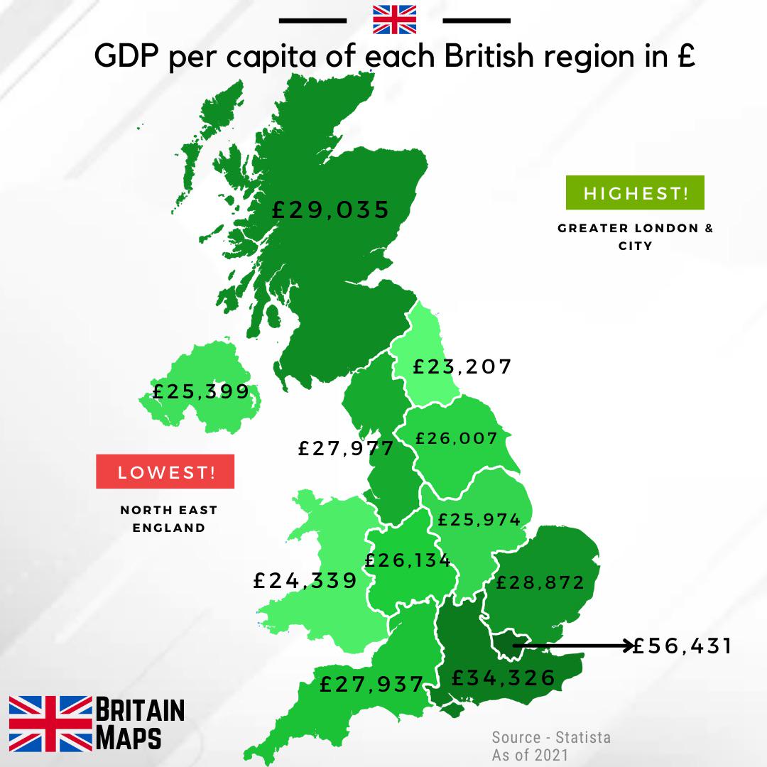 PKB na mieszkańca (per capita) każdego regionu Wielkiej Brytanii w funtach, 2021