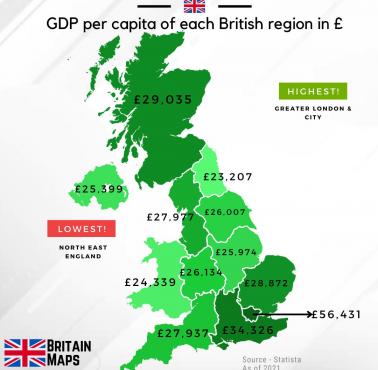 PKB na mieszkańca (per capita) każdego regionu Wielkiej Brytanii w funtach, 2021