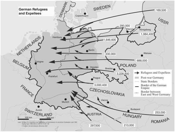 Wypędzenie Niemców ze Wschodu w wyniku rozbiorów Polski i ustaleniom w Teheranie i Jałcie między Rosją, USA i Wielką Brytanią