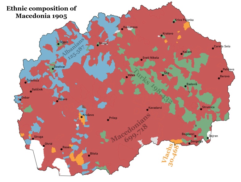 Obecne granice Macedonii, ale ze składem etnicznym z 1905 roku.