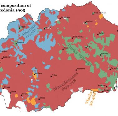 Obecne granice Macedonii, ale ze składem etnicznym z 1905 roku.