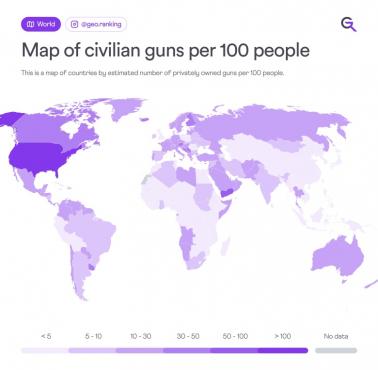 Liczba broni palnej na 100 osób na świecie, Small Arms Survey, 2017