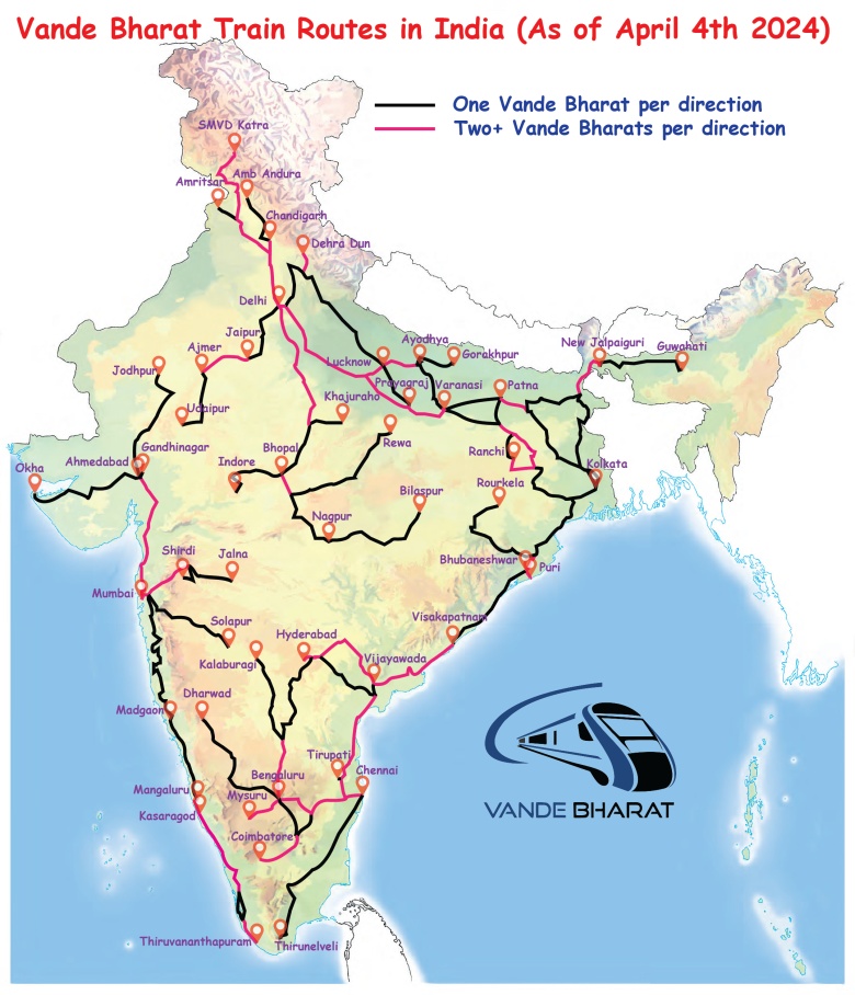 Sieć kolejowa w Indiach (pociągi  Vande Bharat), stan 4.2024