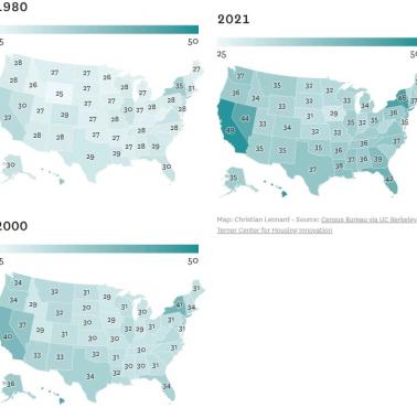 Wiek, w którym większość mieszkańców każdego stanu USA jest właścicielami domów, 1980, 2000, 2021