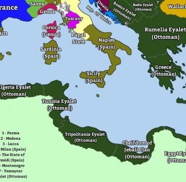 Mapa polityczna akwenu Morza Śródziemnego w 1865 roku