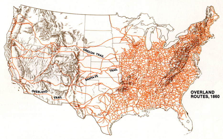 Szlaki lądowe i drogi dla wozów w USA, 1860 r.