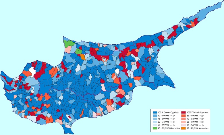 Mapa etniczna Cypru (Turcy, Grecy) z podziałem na jednostki administracyjne, 1960