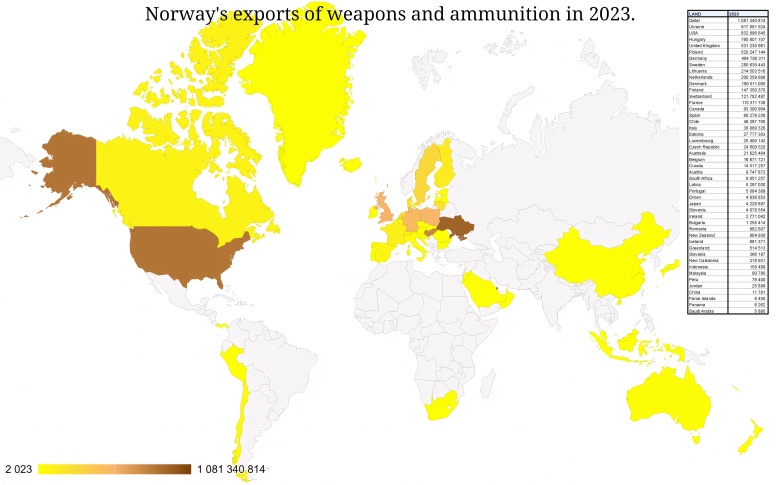 Mapa norweskiego eksportu broni i amunicji w 2023 r. według krajów