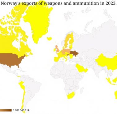 Mapa norweskiego eksportu broni i amunicji w 2023 r. według krajów