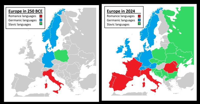 Języki romańskie, germańskie i słowiańskie w 250 r. p.n.e. i w 2024 r.