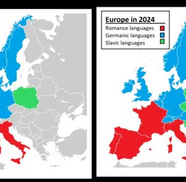 Języki romańskie, germańskie i słowiańskie w 250 r. p.n.e. i w 2024 r.