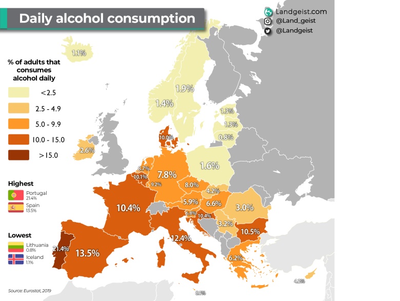 Dzienne spożycie alkoholu na jednego mieszkańca w poszczególnych krajach Europy, Eurostat, 2019