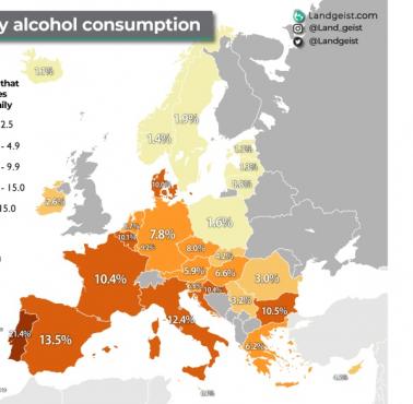 Dzienne spożycie alkoholu na jednego mieszkańca w poszczególnych krajach Europy, Eurostat, 2019