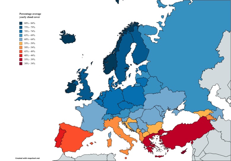 Kraje europejskie według procentowego średniego rocznego zachmurzenia
