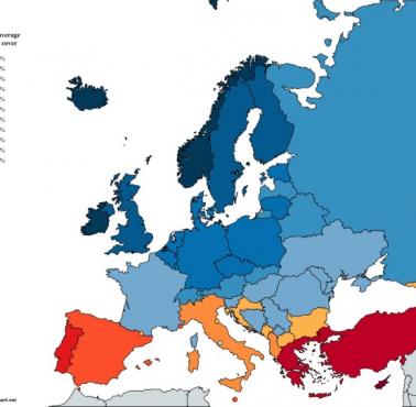 Kraje europejskie według procentowego średniego rocznego zachmurzenia