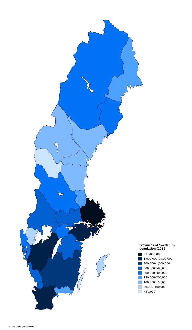 Mapa gęstości zaludnienia Szwecji z podziałem na prowincje, 2016