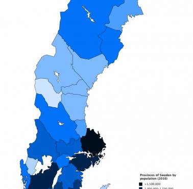 Mapa gęstości zaludnienia Szwecji z podziałem na prowincje, 2016