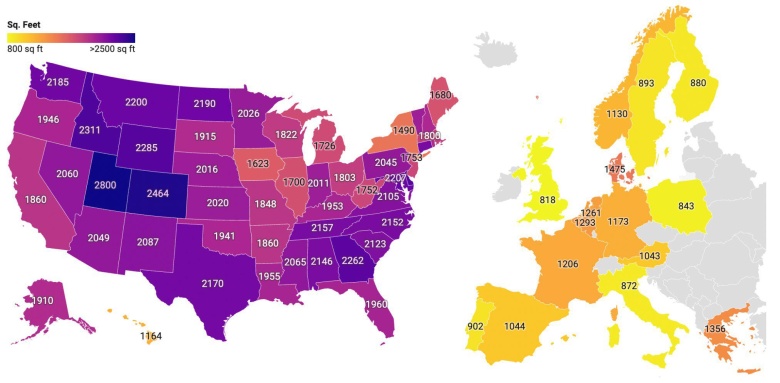 Mediana wielkości mieszkania w USA i Europie