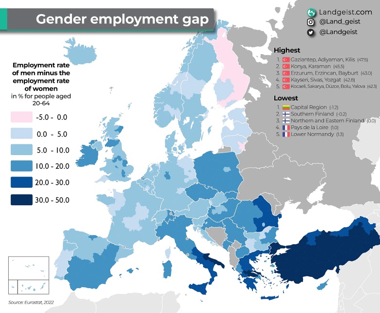 Luka w zatrudnieniu kobiet i mężczyzn w Europie, 2022