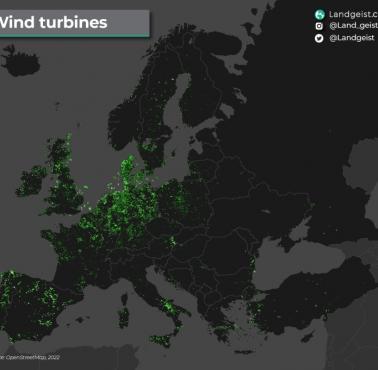 Lokalizacja turbin wiatrowych (wiatraków) w Europie, 2022