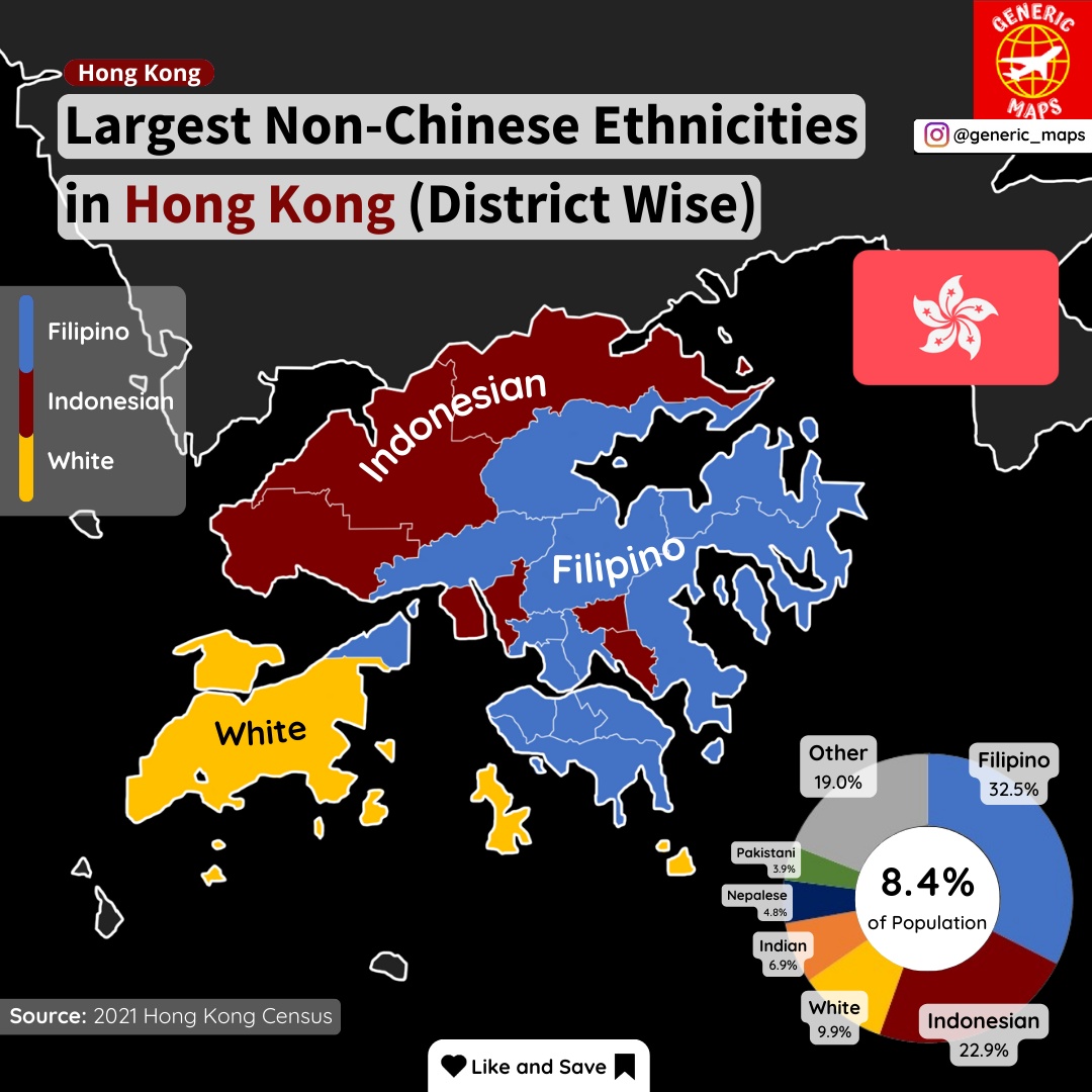 Największe niechińskie grupy etniczne w Hongkongu (według dzielnic), 2021