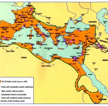 Imperia Bizantyjskie i Sassanidów około 600 rok n.e. przez ekspansją islamu, obszary kolonizacji żydowskiej