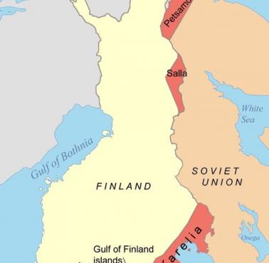 Obszar na czerwono, to straty fińskie po wojnie zimowej z Rosją w 1940 roku