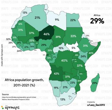 Wzrost liczby ludności w Afryce, 2011-2021