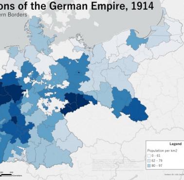 Gęstość zaludnienia II Rzeszy (Niemiec) w 1914 roku z podziałem na największe jednostki administracyjne