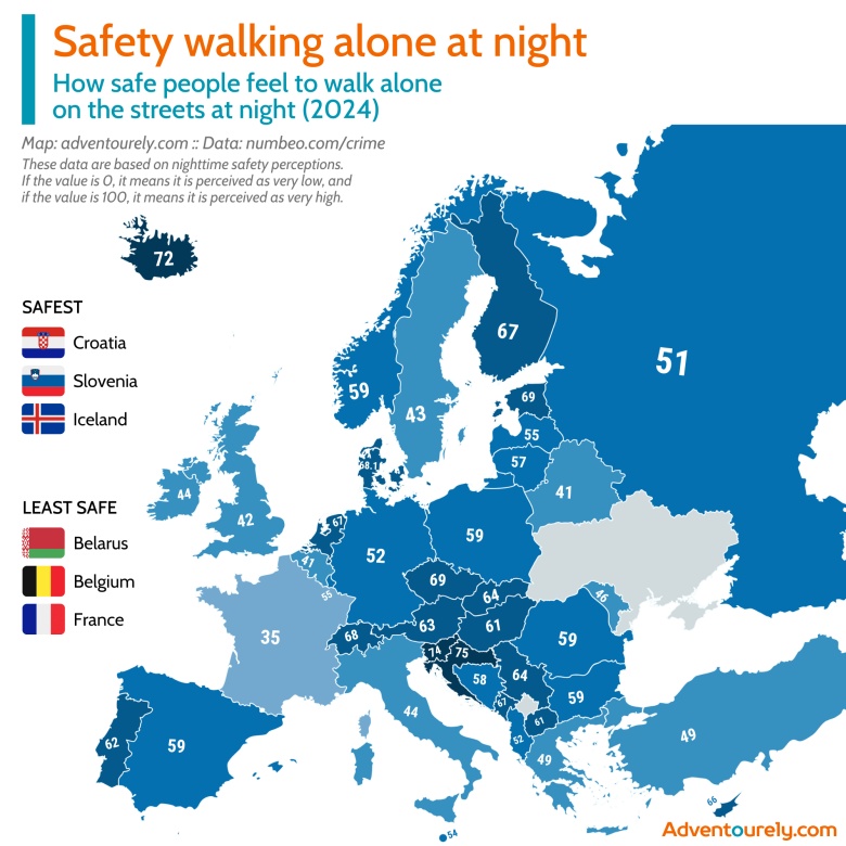 Odsetek osób, która nie boi się chodzić samotnie nocą w Europie, 2024
