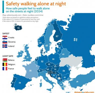 Odsetek osób, która nie boi się chodzić samotnie nocą w Europie, 2024