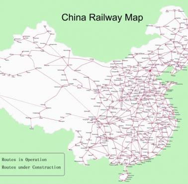 Mapa chińskiej sieci kolejowej w 2024 r. wraz z trasami w realizacji