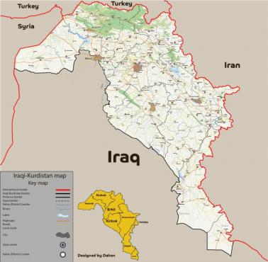 Mapa iracko-kurdyjska (Kurdystan) obejmująca obszary sporne