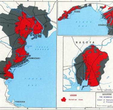 Zniszczenia japońskich miast spowodowane amerykańskimi nalotami dywanowymi podczas II wojny światowej, Tokio, Osaka ...