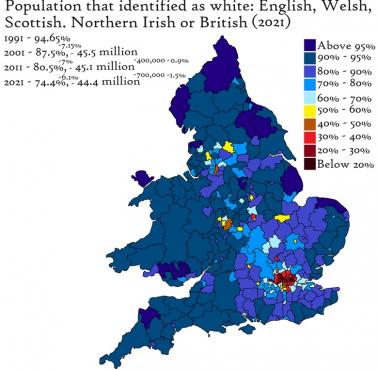 Mapa etniczna Wysp Brytyjskich, 1991, 2001, 2011, 2021