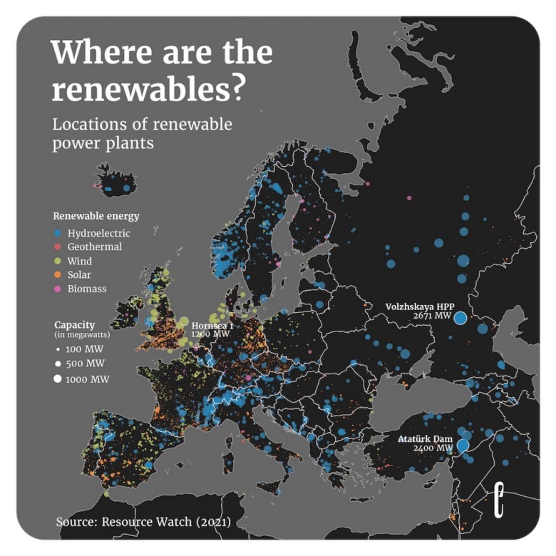 Lokalizacje elektrowni odnawialnych w Europie, 2021
