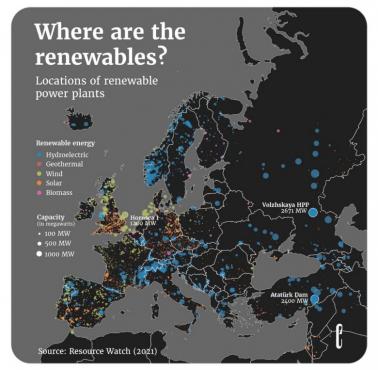 Lokalizacje elektrowni odnawialnych w Europie, 2021