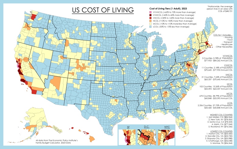 Koszty utrzymania według hrabstw USA, 2023