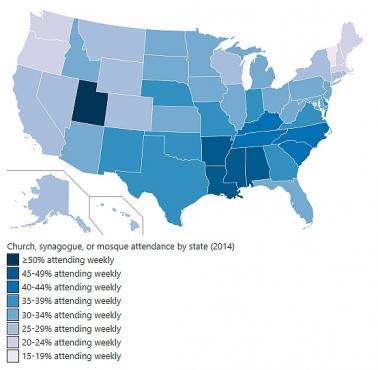Odsetek osób uczęszczających na cotygodniowe nabożeństwa w USA w 2014 r. (Wikipedia)