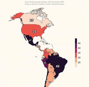 Jaki odsetek bogactwa należący do 1 proc. mieszańców w Ameryce Północnej i Południowej, 2020, 2021