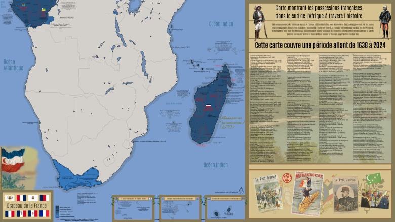 Mapa francuskich posiadłości w południowej Afryce i na Madagaskarze