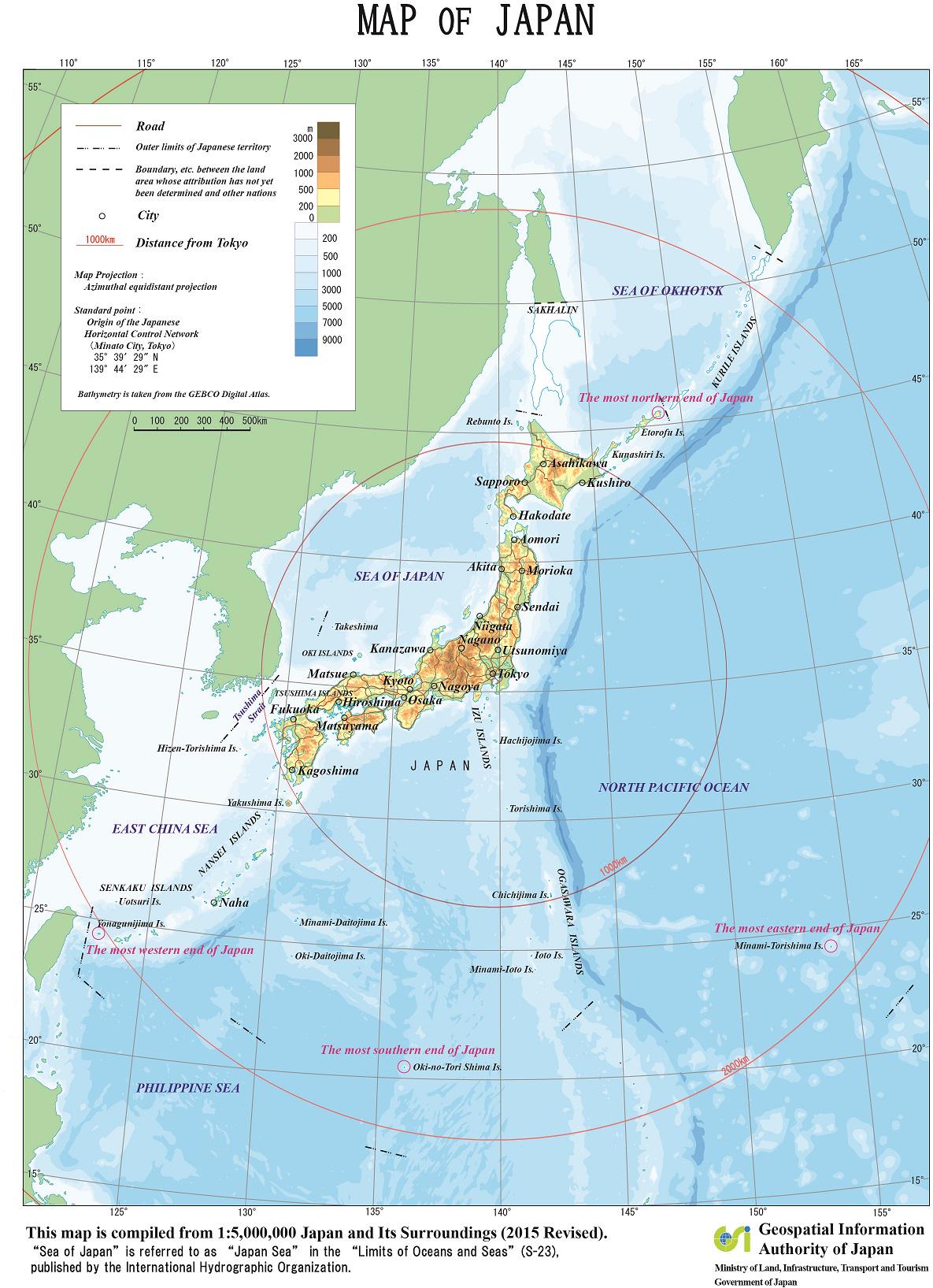 Mapa Japonii według rządowego Urzędu Informacji Geoprzestrzennej Japonii (GSI)