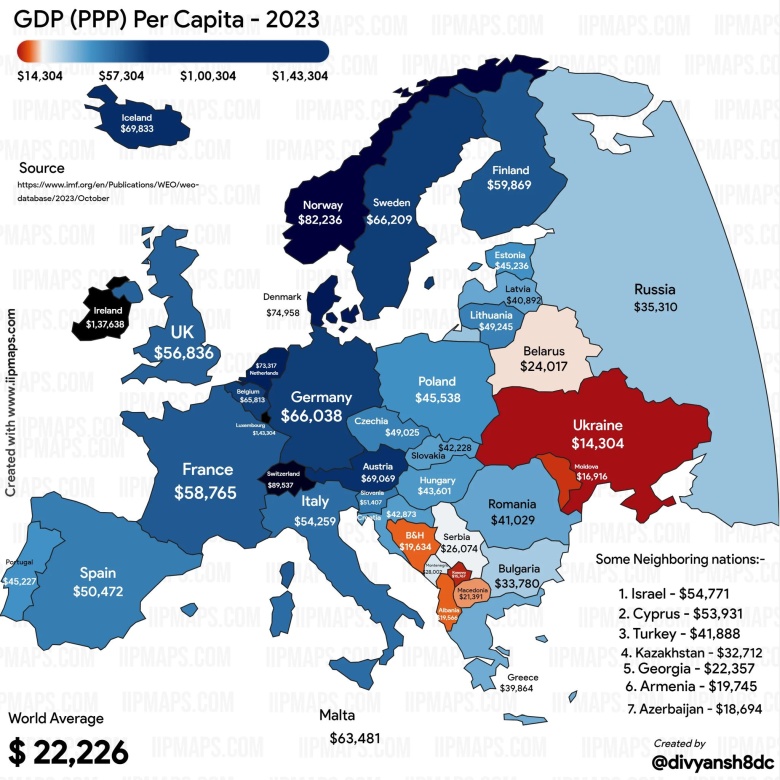 PKB per capita (według parytetu siły nabywczej, PPP) poszczególnych państw europejskich w 2023 roku