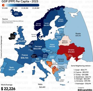 PKB per capita (według parytetu siły nabywczej, PPP) poszczególnych państw europejskich w 2023 roku