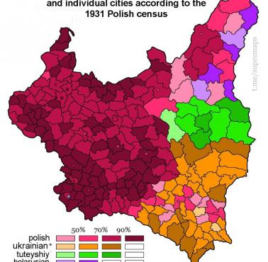 Mapa etniczna Polski. Mapa dominujących języków w każdym polskim powiecie w 1931 r.