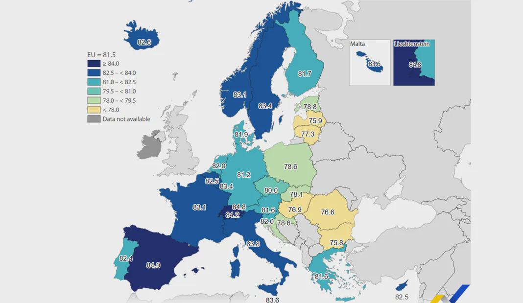 Oczekiwana długość życia w Europie w 2024 roku, Eurostat
