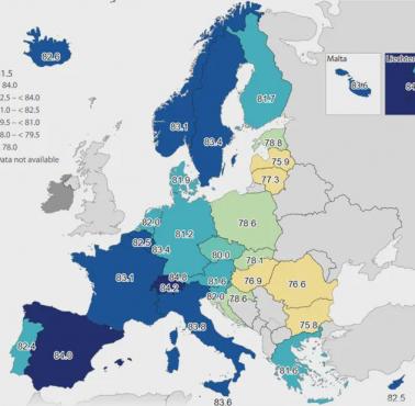 Oczekiwana długość życia w Europie w 2024 roku,  Eurostat