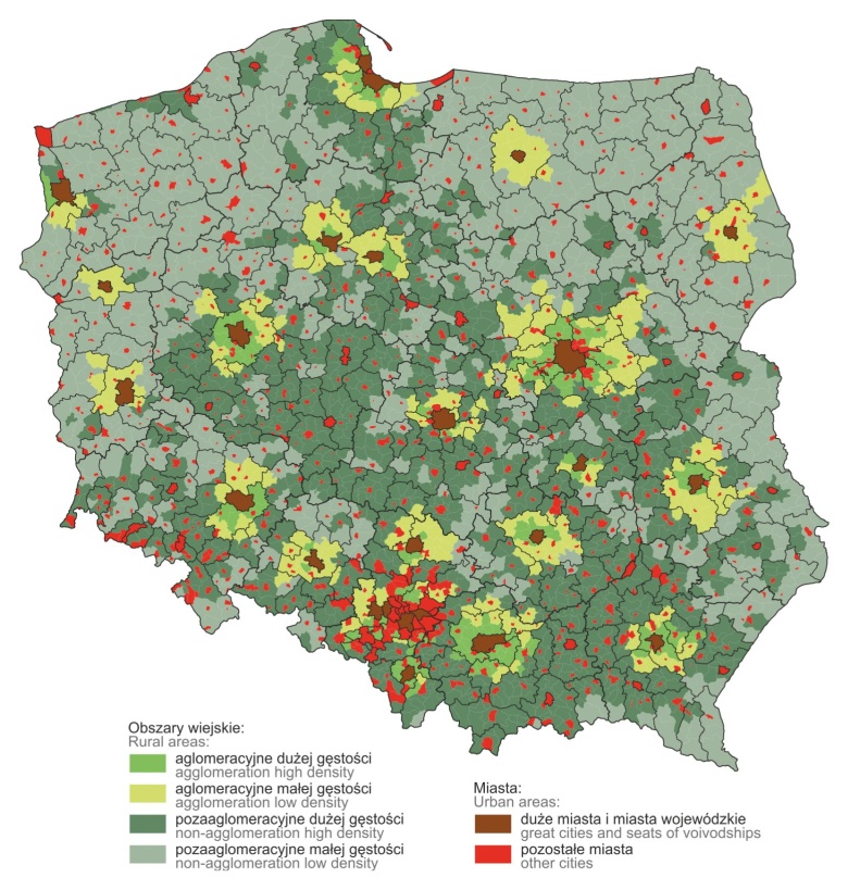 Gęstość zaludnienia Polski z podziałem na obszary miejskie i wiejskie, 2022